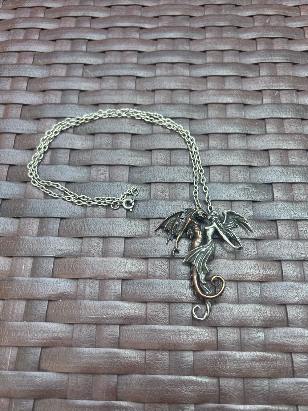 ANGEL & DRAGON DUAL PENDANT 2.5” and 10.5” Necklace Two-Tone Silver & Bronze - Picture 6 of 15